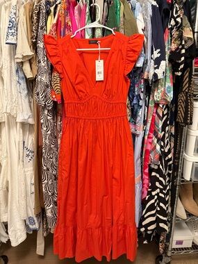 Vineyard Vines Poplin Flutter Midi Dress in Cocktail Sauce (Orange)